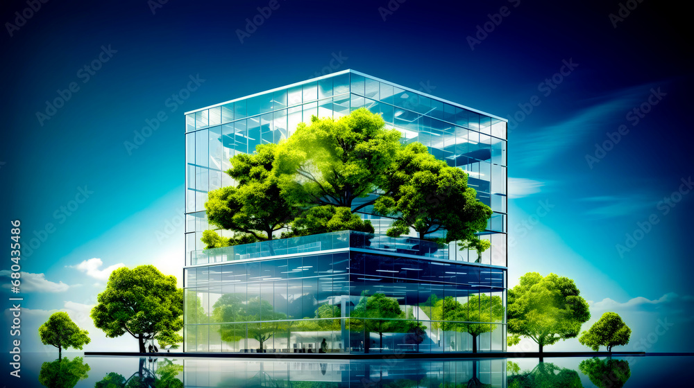 Poster glass building with tree growing on it's side in the middle of lake.