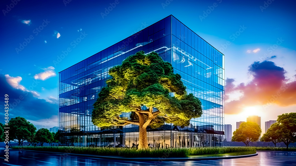 Poster glass building with tree in front of it and blue sky in the background.