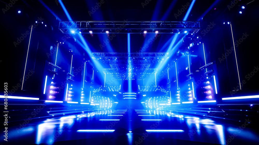 Wall mural Stage with blue lights and stage set up for concert or show.