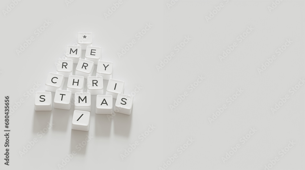 Poster christmas tree symbol made by white color computer keys cap on white background. minimal christmas i