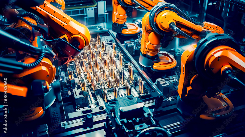 Poster group of robots are working on piece of equipment in factory.