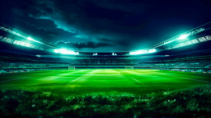 Soccer stadium with green field and lights on the side of it.