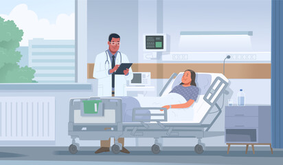 Doctor visits a sick woman in a hospital room. Hospitalization of the patient and treatment in the clinic