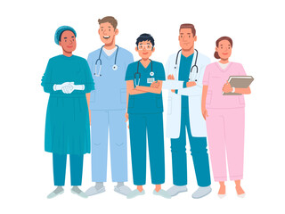 Doctors. Medical team. Men and women working in the healthcare sector. Vector illustration