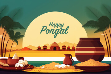 Happy Pongal Religious Festival , Tamil Harvest Festival Of South India - obrazy, fototapety, plakaty