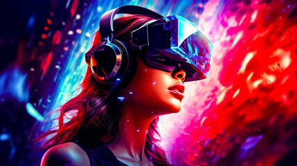 Woman wearing headphones and virtual reality headset in front of colorful background.