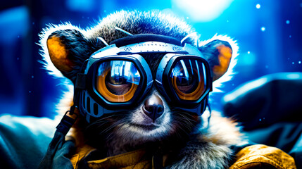 Close up of raccoon wearing pair of goggles.