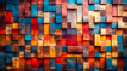 Wall made up of wooden blocks with different colors of wood on it.