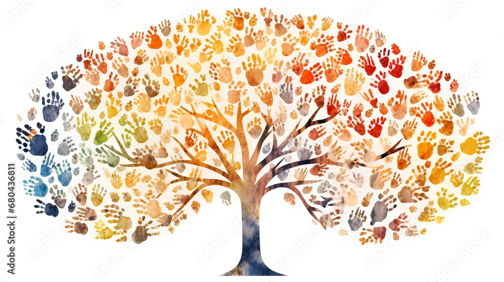 Poster an artistic representation of a tree with branches made from a colorful mosaic of diverse human hand