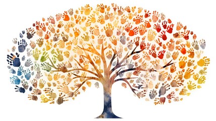 An artistic representation of a tree with branches made from a colorful mosaic of diverse human hands, symbolizing unity in diversity and individual identity.
