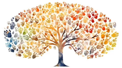 Fotobehang An artistic representation of a tree with branches made from a colorful mosaic of diverse human hands, symbolizing unity in diversity and individual identity. © TensorSpark
