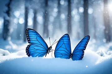 a blue butterfly sitting on top of a snow covered ground next to a forest filled with snow covered trees and grass covered in snow covered in snow