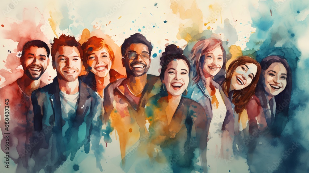 Wall mural a joyful assembly of diverse friends from various ethnic and cultural backgrounds, smiling and embra