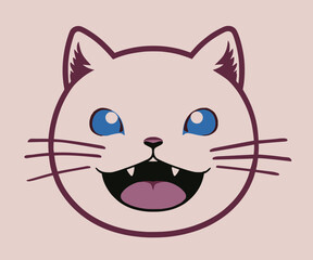 simple, lineal cat face with open mouth and whiskers illustration