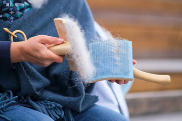 Combing animal hair with a brush for spinning woolen clothes