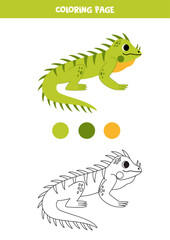 Color cute cartoon green iguana. Worksheet for kids.