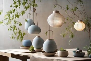 Japanese Zen Lanterns, Soft greys, bamboo greens, and tranquil blues.  - obrazy, fototapety, plakaty