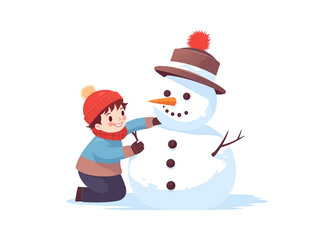 A child is building a snowman outdoors. The children looked happy. 2D flat illustration.