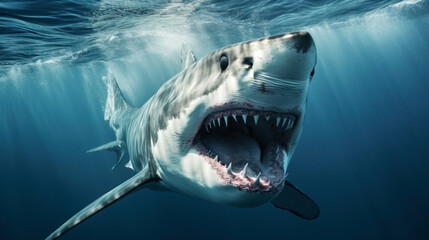 Great white shark in the water with its mouth open with teeth - obrazy, fototapety, plakaty