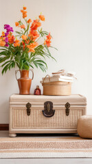 Small wooden chest with accessories and basket, floor mat, with flowers on white wall background