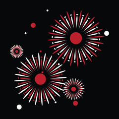 Fireworks to celebrate the new year. Red and white fireworks isolated on black background. Happy Independence Day Japan