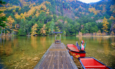 Idyllic landscape of Myojin pond at Hotaka Rear shrine in Kamikochi, Nagano, Japan (Japanese...