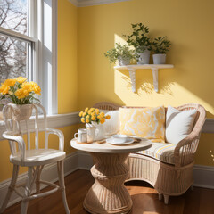  A cozy breakfast nook with sunshine yellow walls 
