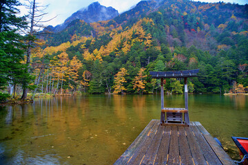 Idyllic landscape of Myojin pond at Hotaka Rear shrine in Kamikochi, Nagano, Japan (Japanese...