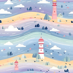 A seamless pattern of delicate lighthouses and wind