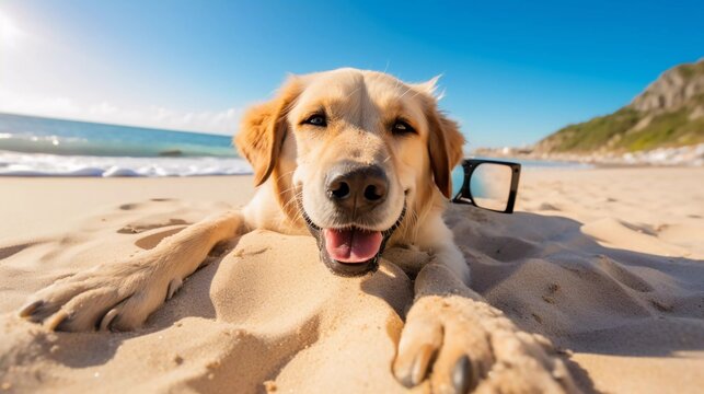 a dog relaxing, lying in the sand at the beach on summer vacation, while taking a selfie. generative ai