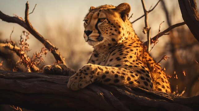 close-up photo of an adult cheetah relaxing on a branch. generative ai - Powered by Adobe