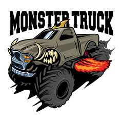 monster truck vector logo design inspiration, Design element for logo, poster, card, banner, emblem, t shirt. Vector illustration © SATURA