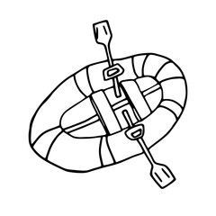 Inflatable boat with oars in doodle style. Isolated illustration.