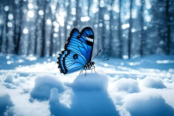 a blue butterfly sitting on top of a snow covered ground next to a forest filled with snow covered trees and grass covered in snow covered in snow