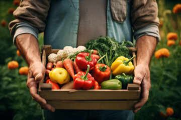 Wooden box with fresh vegetables in the hands of a farmer outdoors.