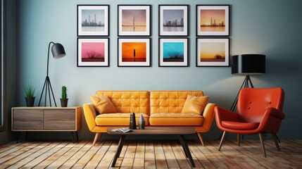 Interior of modern living room with yellow sofa and orange armchair. Yellow Sofa with pillows. Interior Design of a Cozy Living Room for Real Estate Agencies. 