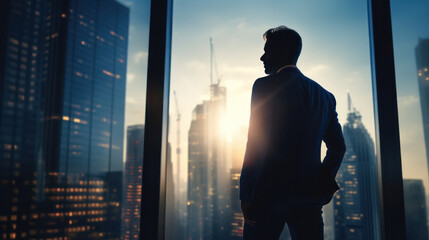Contemplating Business Organizations, A Businessman Stands Back in the Office city background