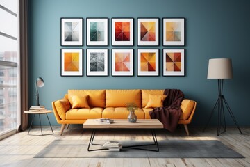 Interior of modern living room with yellow sofa, coffee table and picture frames on wall. Mock up. Yellow Sofa with pillows. Interior Design of a Cozy Living Room.