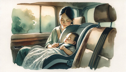 車内のチャイルドシートで寝ている赤ん坊と、その子を支える母親を描いた水彩画風のイラスト - obrazy, fototapety, plakaty
