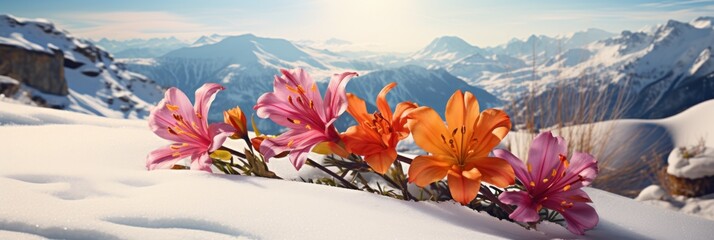 Not typical flowers in the snow in mountians. unusual concept