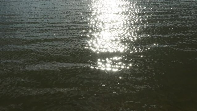 Ripples on the water. The sun's rays fall on the surface of the river and are reflected randomly. Sunny path on the Sava river, Serbia. The water surface of a sea, lake or river. Light glare. Travel