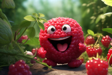Cheerful animated red raspberry with a smile on its face among the berries.