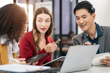 Business meeting time.  account managers crew working with new startup project. Idea presentation, analyze plans.