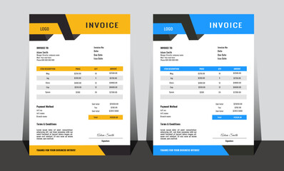 Business invoice form template. Invoicing quotes, money bills or price invoices and payment agreement design templates. Tax form, bill graphic or payment receipt page vector set.
