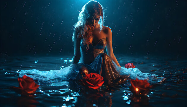 Girl in a Sexy Outfit Surrounded by Blue Neon Lights, Creating an Unreal Environment to Showcase her Beauty. - projects that embrace sensuality, fashion, or artistic expressione