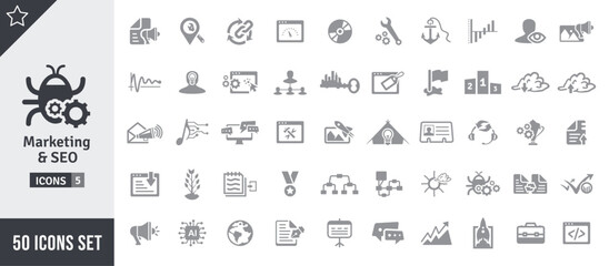Marketing & SEO Icon Set. Search Engine Optimization, Advertising, Website, Business, Marketing, Traffic, Ranking, Optimization, Keyword & Many More. Gray Vector Icons Collection
