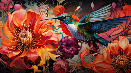 Obraz premium Epicurean hummingbird delighting in an exotic, overflowing abundance of nectar-rich flowers AI generative 