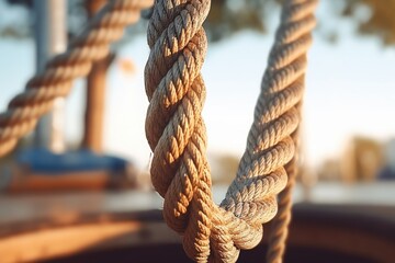 A detailed close-up of a rope on a boat. This image can be used to depict nautical themes, sailing, maritime activities, or as a background for text overlays. - obrazy, fototapety, plakaty