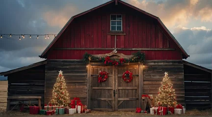 Meubelstickers Outdoor barn decorated for christmas digital backdrop © Reha