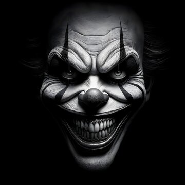 Closeup portrait if evil creepy scary clown smiling, isolated on black background